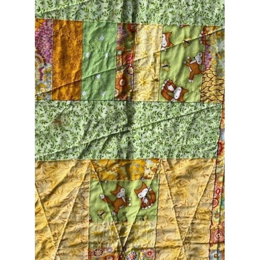 Handmade Woodland Fox Patchwork Baby Quilt Yellow Orange Cotton Blanket 36 x 43
